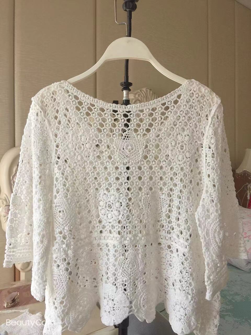 Women Summer Vacation Short Sleeve Solid Regular Crochet Top Crochet hook Bella Mia